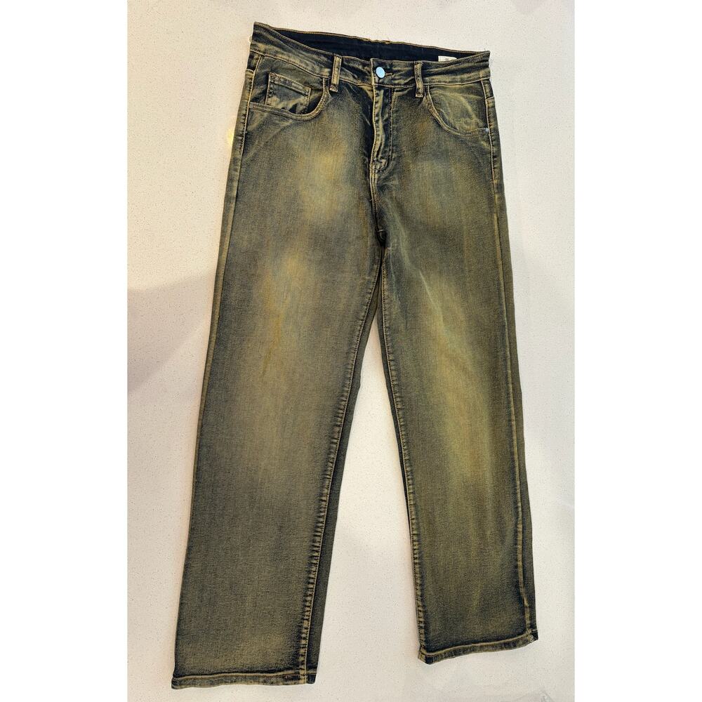 NWT Mens Distressed Jeans Green/yellow tones Size 30
